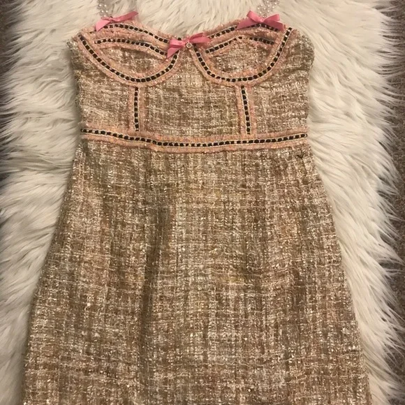 Vintage | Dresses | New Pink Tweed Bustiercorset Dress With Pearl Straps  Rhinestones And Sequins | Poshmark